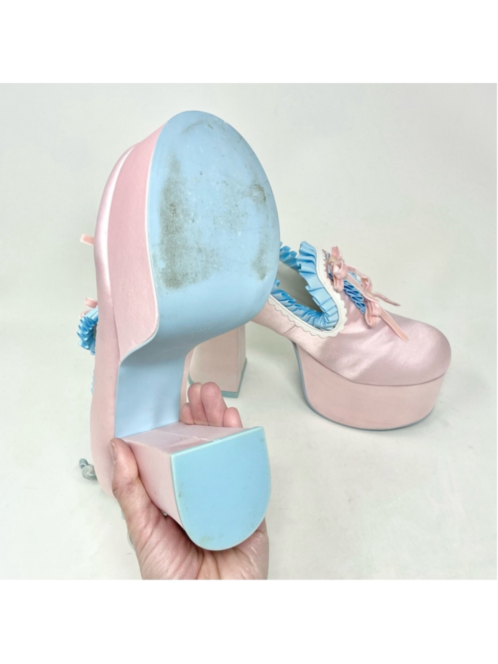 Dolls Kill Sugar Thrillz Bisous Pastel Satin Platform Ruffle Bow Platforms US 9 - Picture 9 of 13